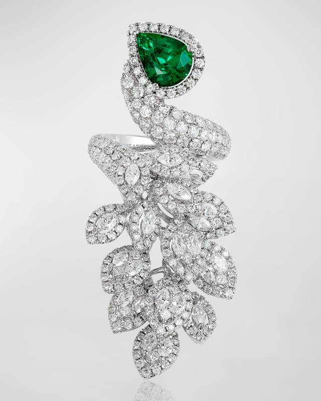 White Gold Pear Emerald Ring with Diamonds